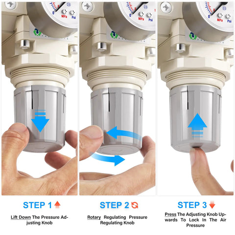 Three In One Oil And Air Regulator Filter With Lubricator Cup showing pressure adjustment steps