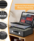 Ten Layer Fireproof Document Safe Box With Lock And Zippered Pockets open with folders and passports inside