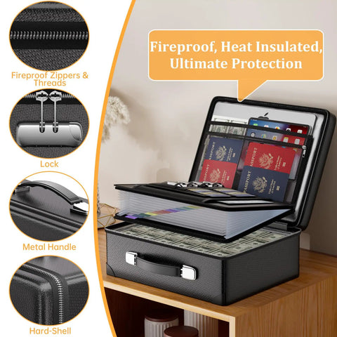Ten Layer Fireproof Document Safe Box With Lock And Zippered Pockets open with folders and passports inside
