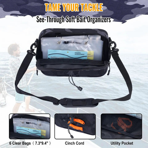 50L Fishing Tackle Backpack With Built In Rod Holder Water Resistant Outdoor Gear showing detachable bait binder and clear sleeves