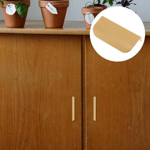 Concealed Zinc Alloy Cabinet Pull Handle Set 80mm Long Arc Edge With Brushed Gold Finish 10 Pack No Drill Install shown on cabinet