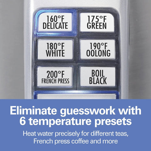 Close-up of control panel on 1.7 Liter Temperature Control Electric Kettle With 6 Presets, showing preset temperature buttons.