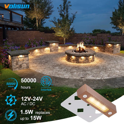 Eight Pack 4 Inch Retaining Wall Lights Waterproof LED Hardscape Lighting Cuttable Low Voltage Landscape Lighting 12V Paver Lights 1.5W Outdoor Step Lights 2700K Soft White ETL Listed illuminating a patio area.