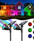 Solar Spot Lights Outdoor 2 Pack with 7 Color Modes Dope Waterproof Landscape Lights 600LM illuminating colorful house