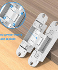 Close-up of Hidden Door Hinges 5.5 Inch Open 180 Degrees, 3 Way Adjustable Invisible Butt Hinge, silver metal, 2-pack.