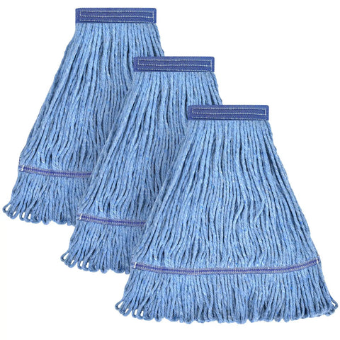 Pro Grade Heavy-Duty Mop Head Replacement For General And Floor Cleaning Pack Of 3 Wet Industrial Blue Cotton Looped-End String Head Refills