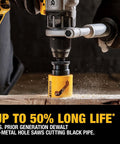 DeWalt bi-metal hole saw attached to a drill, yellow tool cutting into wood with sawdust