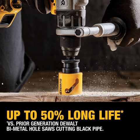 Dewalt yellow bi-metal hole saw installed on drill, cutting wood.