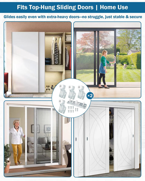 Sliding Closet Door Roller Replacement Kit 10 Pcs Includes 2 N6560 And 8 MP6501 Rollers with demonstration of top-hung doors