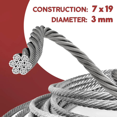 Close-up of 2 Pack 13.5 Ft Garage Door Cable Torsion Spring Wire Replacement Cables For Heavy Duty Garage Door Repair, Galvanized Steel Cable Wire, 7x19 construction, 3mm diameter
