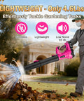 Person using Pink 21V Cordless Leaf Blower With Six Speed Levels, Lightweight Handheld Power Tool Set Includes Two Extended Tubes, Snow Blowing Capabilities For Leaves Yard Lawn Garden Garage, Great Valentines Day Gift on a lawn