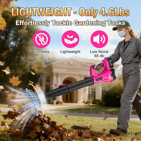 Person using Pink 21V Cordless Leaf Blower With Six Speed Levels, Lightweight Handheld Power Tool Set Includes Two Extended Tubes, Snow Blowing Capabilities For Leaves Yard Lawn Garden Garage, Great Valentines Day Gift on a lawn
