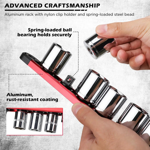 Heavy Duty Magnetic Socket Organizer Set With 360 Degree Swivel Clips Aluminum Socket Rack Kit showcasing spring-loaded ball bearing