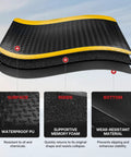 Olympia Heavy Duty Anti Fatigue Mat For Industrial Jobs With Bright Yellow Border Safety layers view, highlighting waterproof PU surface, supportive memory foam, and wear-resistant bottom.