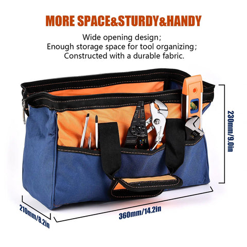 Awesome 188-Piece Home Tool Kit With 14-Inch Large Mouth Opening Tool Bag, tools visible, colorful orange and blue design