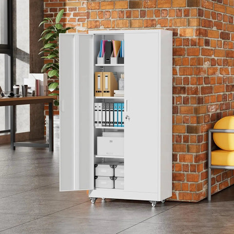 73 Inch Rolling Metal Storage Cabinet With Locking Doors And Adjustable Shelves Built Tough On Wheels For Home Garage Shop Or Workshop Rust Resistant White Finish Heavy Duty Steel With Large Capacity 32 Inch Wide 16 Inch Deep, open with files