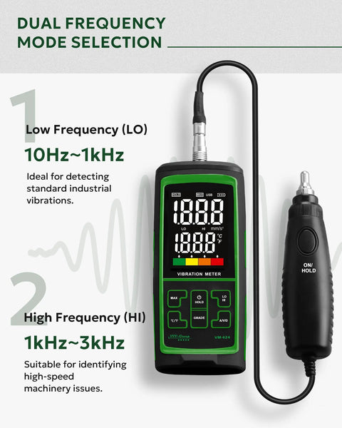 Vibration Meter VM-424 With Remote Probe For Motors And Gearboxes showing dual frequency mode, 10-3kHz display