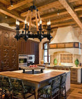 Rock Solid Industrial Chandelier features woven hemp rope and sturdy metal candle holders, illuminating a rustic kitchen.