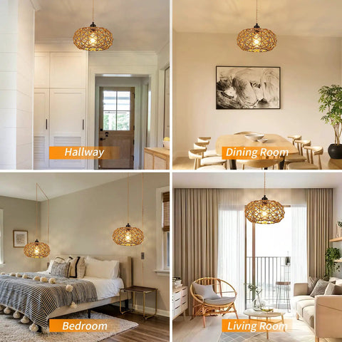 Plug In Pendant Light With Handwoven Rattan Shade, Boho Farmhouse Chandelier in hallway, dining room, bedroom, living room