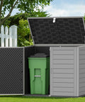 Outdoor Horizontal Trash Can Storage Shed For Large Cans 304 Gallon Resin With Lockable Doors And Lift Lid Waterproof Bin Shelter Gray