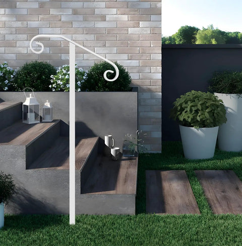 Heavy Duty Wrought Iron Non Drill Handrail Railing For Outdoor Steps featuring single post setup by concrete steps with greenery.