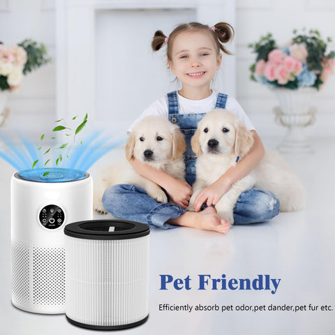 Child with puppies and air purifier, highlighting 2 Packs D10 Replacement Filters For Tailulu D10 Air Purifier 3 In 1 Premium Activated Carbon Filter Traps Dust Smoke Pet Dander Includes 6 Aroma Pads