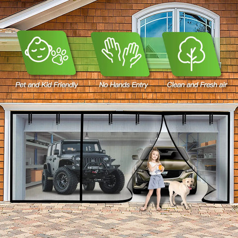 2 Car Garage Door Screen With Magnetic Closure Heavy Duty Weighted Bottom Self Sealing Hands Free Magnetic Screen Door For Easy Pass Through No Fuss Easy To Assemble 16x7 Ft Polyester No Odor shown with child and dog passing through