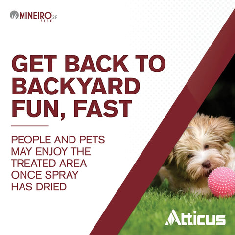 Dog with pink ball on lawn, text promoting Mineiro 2F Flex Systemic Insecticide With Imidacloprid For Grub Busting And Insect Control