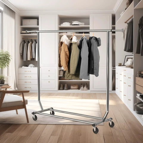 Sturdy Workhorse Commercial Grade Garment Rack With Heavy Duty Steel Construction Extends From 50 To 75 Inches Holds Up To 250 Lbs Chrome Finish Adjustable Hanging Rod For Home Office Or Studio Use shown in a room setting.