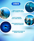 Diamond Shape Water Activated LED Safety Flash Light With Clip Mini Waterproof White Light For Night Dives Low Visibility Emergency Gear And Outdoor Adventures use cases description with diver images