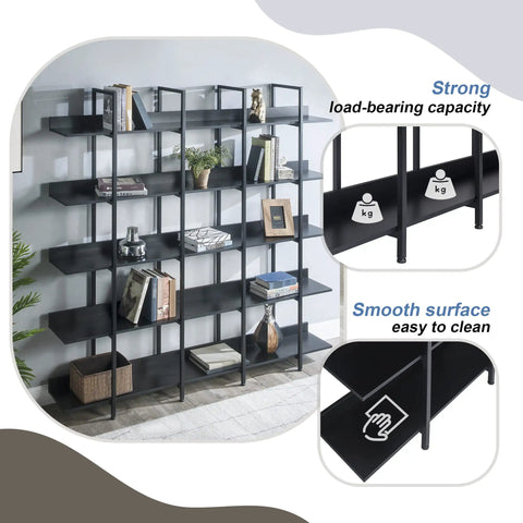 Five Shelf Vintage Industrial Bookcase With Black Metal Frame And MDF Shelves space-saving storage organizer ideal for decor