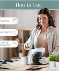 Woman using Indoor Herb Garden Planter Set With Tray For Windowsill And Countertop, Metal Farmhouse Style Planters.