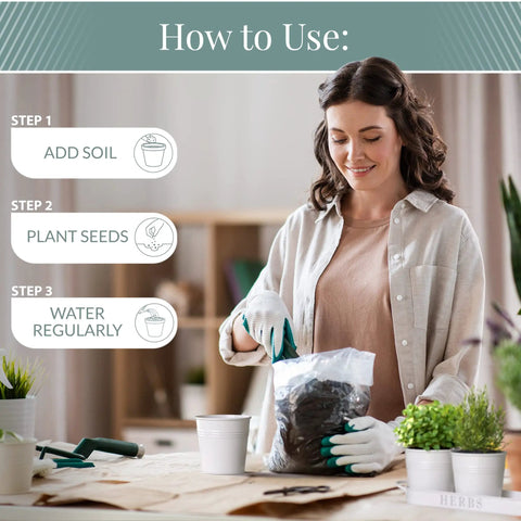 Woman using Indoor Herb Garden Planter Set With Tray For Windowsill And Countertop, Metal Farmhouse Style Planters.