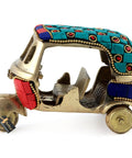 Dope Vintage Brass Auto Rickshaw Miniature Showpiece For Living Room Decor Tabletop Accent Multi Color Home Shelves Display Solid Handcrafted Urban Flex Display Piece, 4.5x2.4x3 inches, vibrant stones.