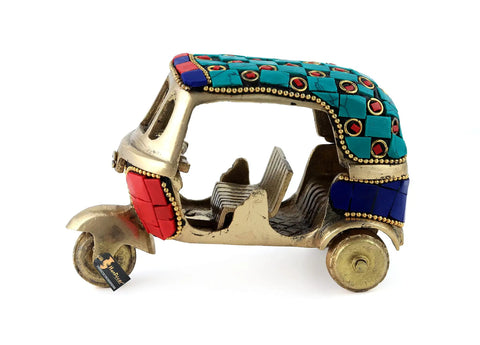 Dope Vintage Brass Auto Rickshaw Miniature Showpiece For Living Room Decor Tabletop Accent Multi Color Home Shelves Display Solid Handcrafted Urban Flex Display Piece, 4.5x2.4x3 inches, vibrant stones.
