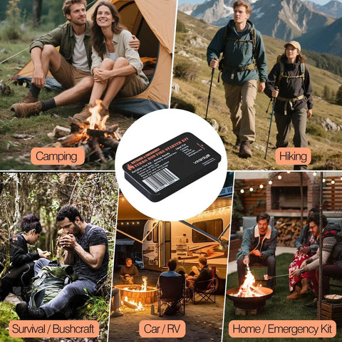 Collage of outdoor activities with Ferro Rod Fire Starter Survival Tool All In One Flint And Steel Kit Waterproof No Fuss Get Your Fire Going Fast For Camping Hunting Bushcraft Hiking And Emergency Prep Compact Palm Sized Tin Sparks And Long Lasting Flame