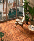 Teak Deck Tiles Interlocking Outdoor Patio Tiles Pack Of Nine, hardwood wood floor tiles on a balcony with chair and table