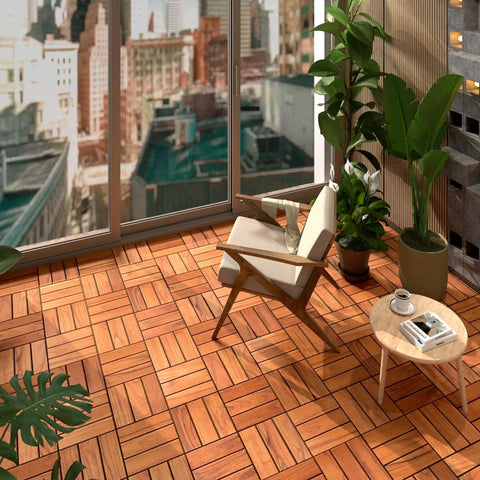 Teak Deck Tiles Interlocking Outdoor Patio Tiles Pack Of Nine, hardwood wood floor tiles on a balcony with chair and table
