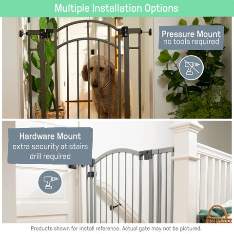Extra Tall Decor Safety Gate For Kids And Pets In Gray Fits Openings From 28 To 38.25 Inches Wide And 36 Inches High Perfect For Doorways Stairways And Between Rooms No Fuss Install With Extensions And Stair Kit showing pressure and hardware mounts