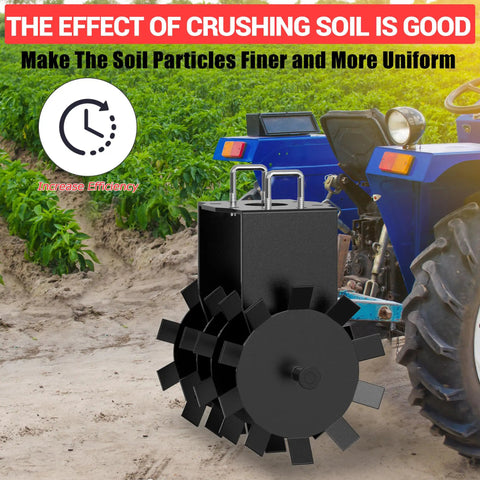 32 Inch Heavy Duty Disc Plow Harrow With Universal 2 Inch Hitch for ATV UTV beside a blue ATV on a dirt path