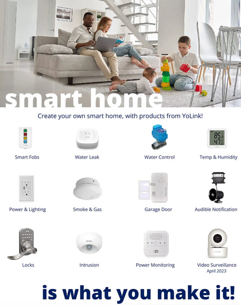 Family in living room with smart devices; promoting Long Range LoRa Smart Home Hub Quarter Mile Wireless Bridge For Total Home Automation And Security Monitoring Central Controller For Smart Devices White.