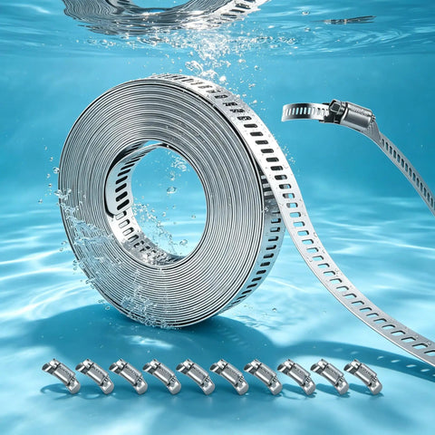 Get Ready For Any Home Rodeo With This 16 Ft DIY Stainless Steel Hose Clamp Kit Featuring Premium Worm Gear Duct Pipe Clamps And Strong Fasteners For Custom Fits On Piping And Plumbing Tasks, 16 ft roll with 10 fasteners