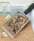 2 Pack Heavy Duty Chicken Poop Scooper With Dual 3.8mm And 5mm Mesh Sizes, Metal Coop Rake And Scoop Tool For Cleaning Poop, Sand Sifting, Litter, And Chicken Bedding. Stainless steel scoop in litter box with 3.8mm and 5mm mesh sizes.