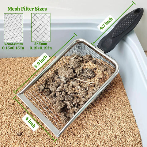 2 Pack Heavy Duty Chicken Poop Scooper With Dual 3.8mm And 5mm Mesh Sizes, Metal Coop Rake And Scoop Tool For Cleaning Poop, Sand Sifting, Litter, And Chicken Bedding. Stainless steel scoop in litter box with 3.8mm and 5mm mesh sizes.