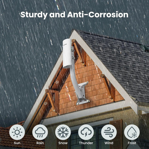 Heavy Duty Universal J Pole Antenna Mount Two Pack With 150 Degree Swivel Arm installed on a roof during rain.