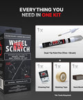 Gloss Black Rim Repair Kit For Cars DIY Wheel Touch Up Paint For Alloy And Steel Rims Curb Rash Fix with dual-tip pen, accessories displayed.