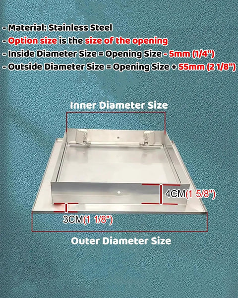 Rock Solid Stainless Steel Access Panel Door With Rugged Handles For Drywall Inspection And Hvac Plumbing Service Shaft Covers 39 Inch Square Hole dimensions and opening measurements shown on stainless steel panel.