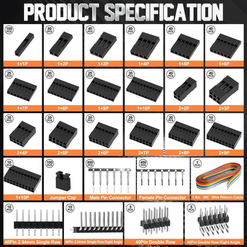 Beast All In One 2870 Piece 2.54mm Connector Crimping Tool Kit component specification chart