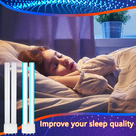 4 Pack 8.6 Inch 18W H Shaped Bug Zapper Replacement Bulbs With 4 Pin Base shown beside sleeping child.