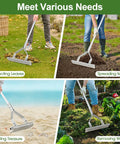 20 Inch Wide Lawn Dethatcher Rake With Long Handle, 19 Curved Tines being used for leaves, mulch, sand, and weeds in yard